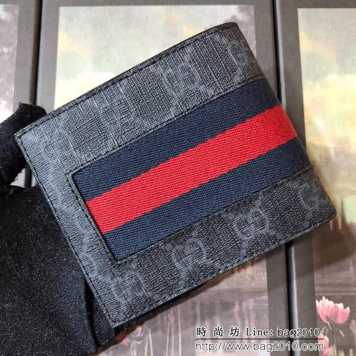 GUCCI古馳 專櫃同步 紅藍織帶加黑色雙G提花面料 男士雙折皮夾 408827 黑色 WTG1928